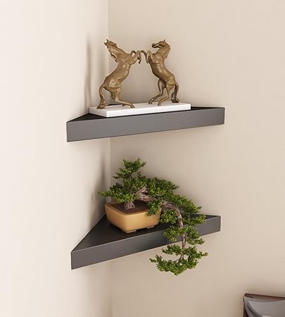 Home Sparkle Wooden Corner Wall Shelves (Set of 2, Black)