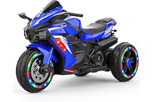 WIIS' IDEA Kids Ride On Motorcycle,12V Electric Battery Powered Ride On Bike,3 Wheels Electric Motorcycle for Kids Ages 3-6 Years with Hand Racing,LED Light-Emitting Tyres,PU seat,Toy Gifts,Blue