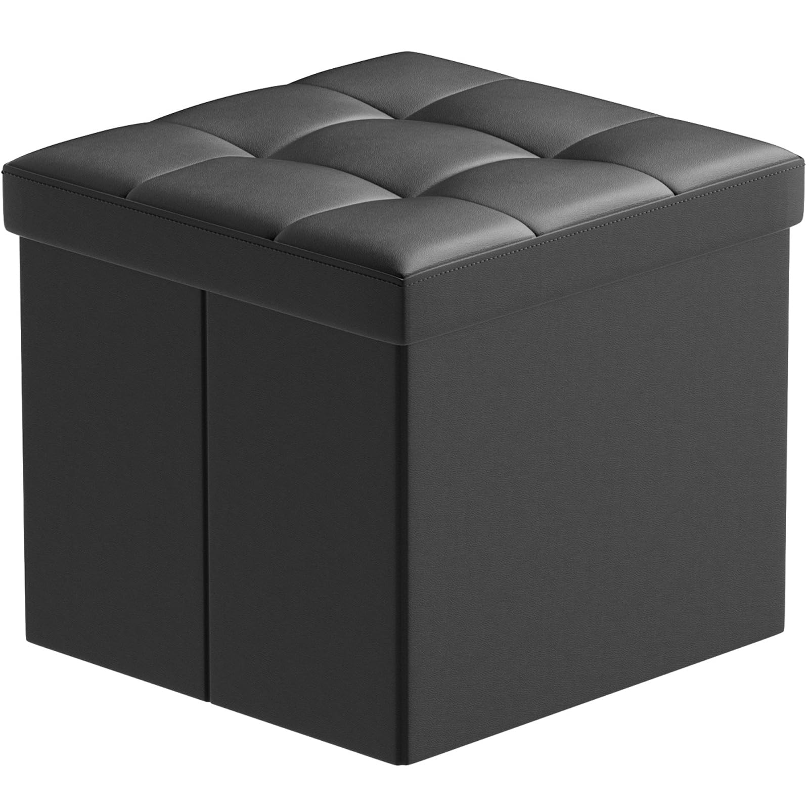 BRIAN & DANY Folding Storage Ottoman, Faux Leather Cube Foot Rest Stool with Cover, Storage Chest with Highly Elastic Sponge Filling, Black, 38 x 38 x 38 cm