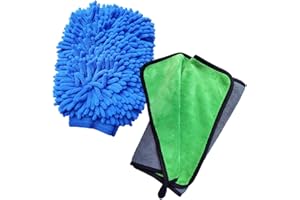 HeGangLy Towels and Car Wash Mitt Set - Chenille Mitt, Polishing Waxing Drying Auto Cloth, Home Cleaning Towel - Tools for Car and Home (Grey-Green/Blue)