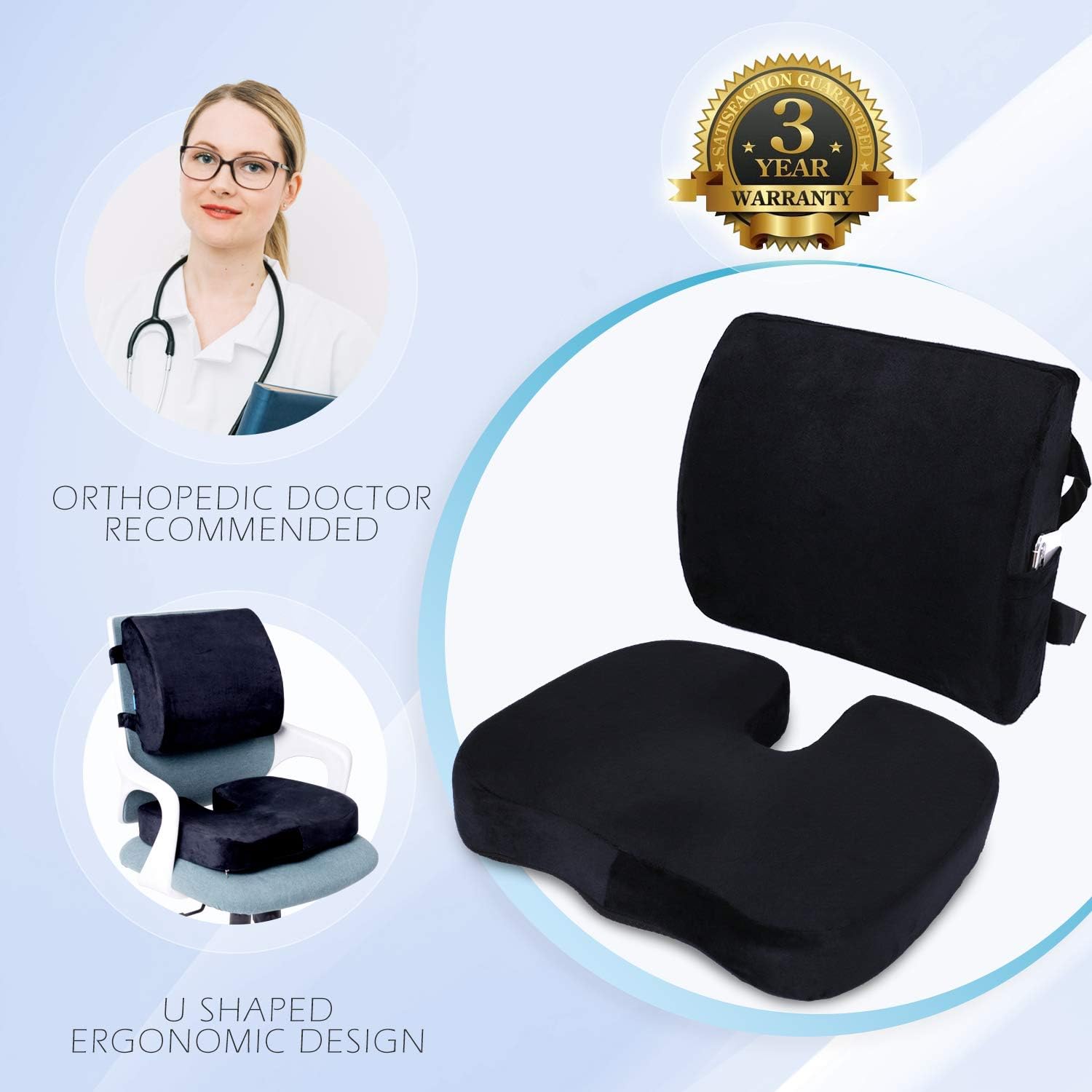 Coccyx Orthopedic Seat Cushion and Lumbar Support Pillow for Office Chair Memory Foam Car Seat Cushion with Washable Cover Ergonomic Desk Chair Cushion for Tailbone, Lower Back Pain, Sciatica Relief: Kitchen & Dining