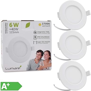 Lumare LED Einbaustrahler 6W 230V IP44 Ultra flach 3er Set Wohnzimmer, Badezimmer Einbauleuchten weiss 26mm Einbautiefe Mini 