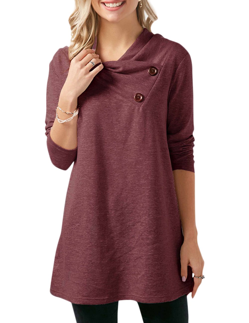 Poplover Womens Long Sleeve Cowl Neck Tunic Loose Fit Tops Button Wine Red Large