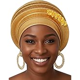 Woeoe Women Auto Gele Headwraps Gold Flower African Turban Pre Tied Beanie Caps Headwear