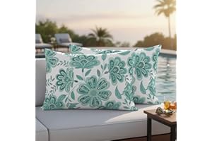 Turquoise Paisley Floral Outdoor Waterproof Lumbar Throw Pillow Covers Set of 2 Bohemian Vintage Flower Decorative Outdoor Pi