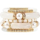GOOJIDS Simple Beaded Gold Plated Bangles Bracelet Chunky Bamboo Tube Curved Stacking Clear Acrylic Colorful Beads Stretchable Gold Plated Bracelets Set For Women
