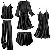 SAPJON Silk Pajamas for Women 5Pcs Sleepwear Loungewear Satin Robe Cami Shorts Pj Set
