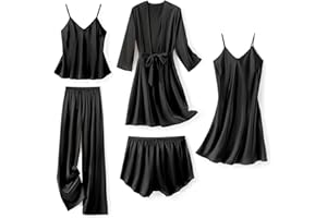SAPJON Silk Pajamas for Women 5Pcs Sleepwear Loungewear Satin Robe Cami Shorts Pj Set