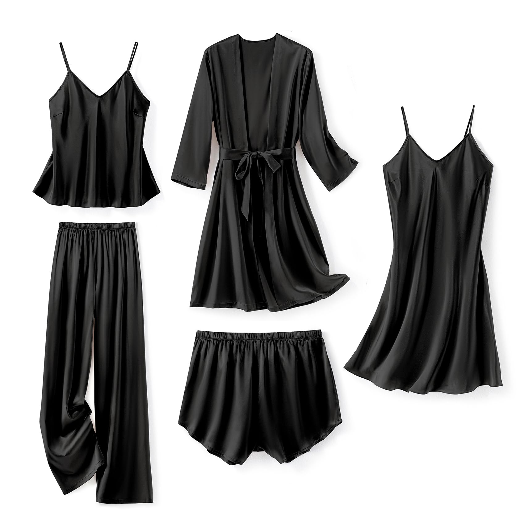 Photo 1 of ***(NOT A COMPLETE SET/ MISSING MOST OF THE PIECES)***SAPJON Silk Pajamas for Women 5Pcs Sleepwear Loungewear Satin Robe Cami Shorts Pj Set Black