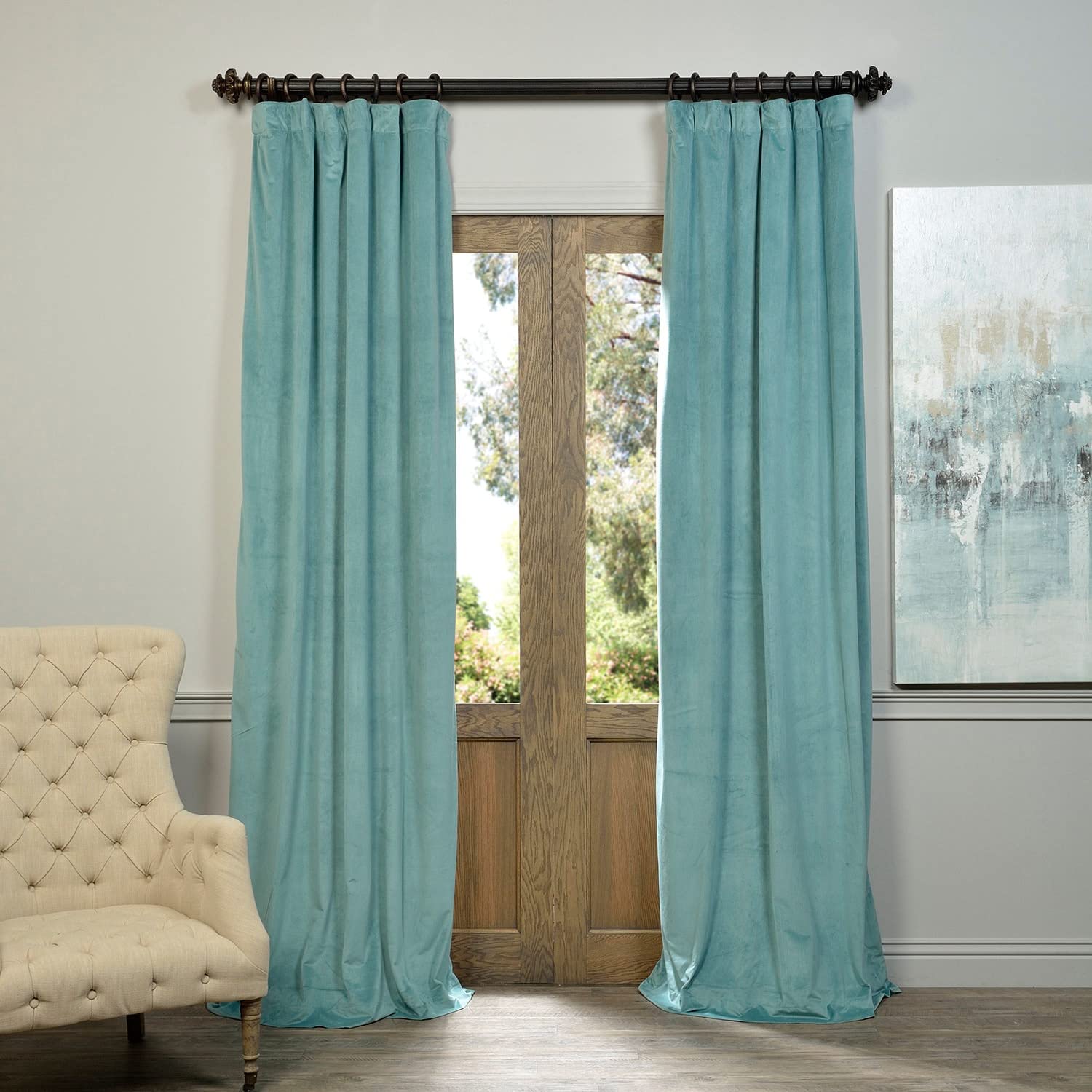 Photo 1 of HPD Half Price Drapes Signature Blackout Velvet Curtains 84 Inch Long (1 Panel) 4-Pass Hotel Blackout Lined Window Curtains Thermal Blackout Curtains for Bedroom, Living Room, 50W x 84L, Aqua Mist