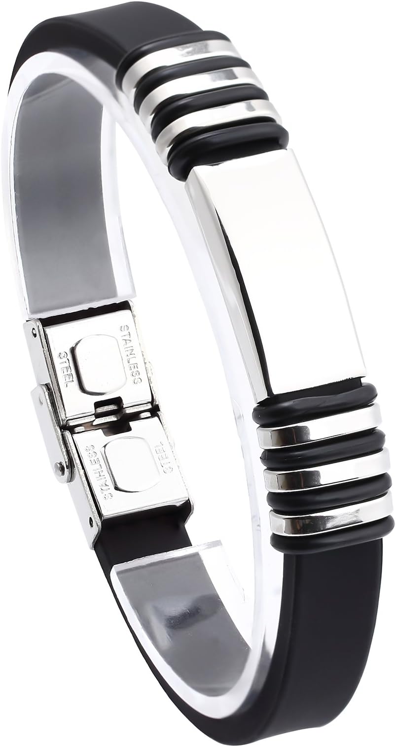 Jusnova Mens Stainless Steel Bracelet Bangle 8.6 Inches Silicone Wristband Silver & Black