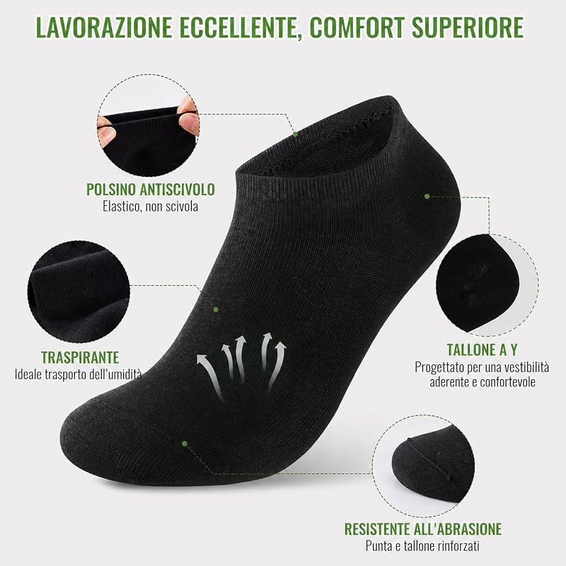 10 Paia Calzini Corti Uomo Donna Bambù – Calze Uomo Corte Estive Caviglia, Traspiranti, Assorbimento Umidità, Asciugatura Rapida, Ultra-Morbidi, Anti-Sudore, Nero 43-46