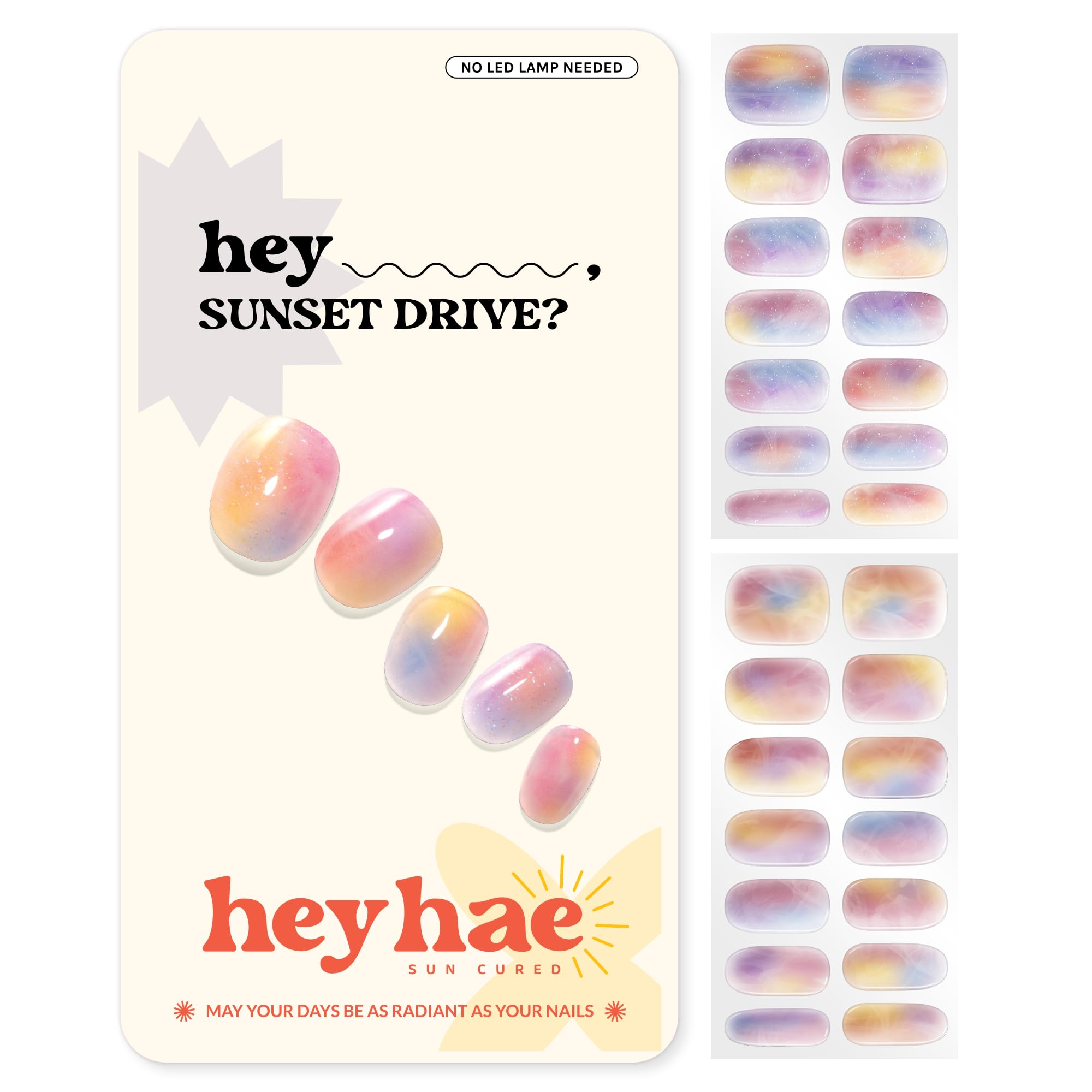 Heyhae Semi Cured Gel Nail Strips | Spring Nails No LED Lamp Needed Easy Apply & Remove | Includes 28 Strips, 1 Prep Pad, 1 Nail File & 1 Wooden Stick - Hey, Sunset Drive?