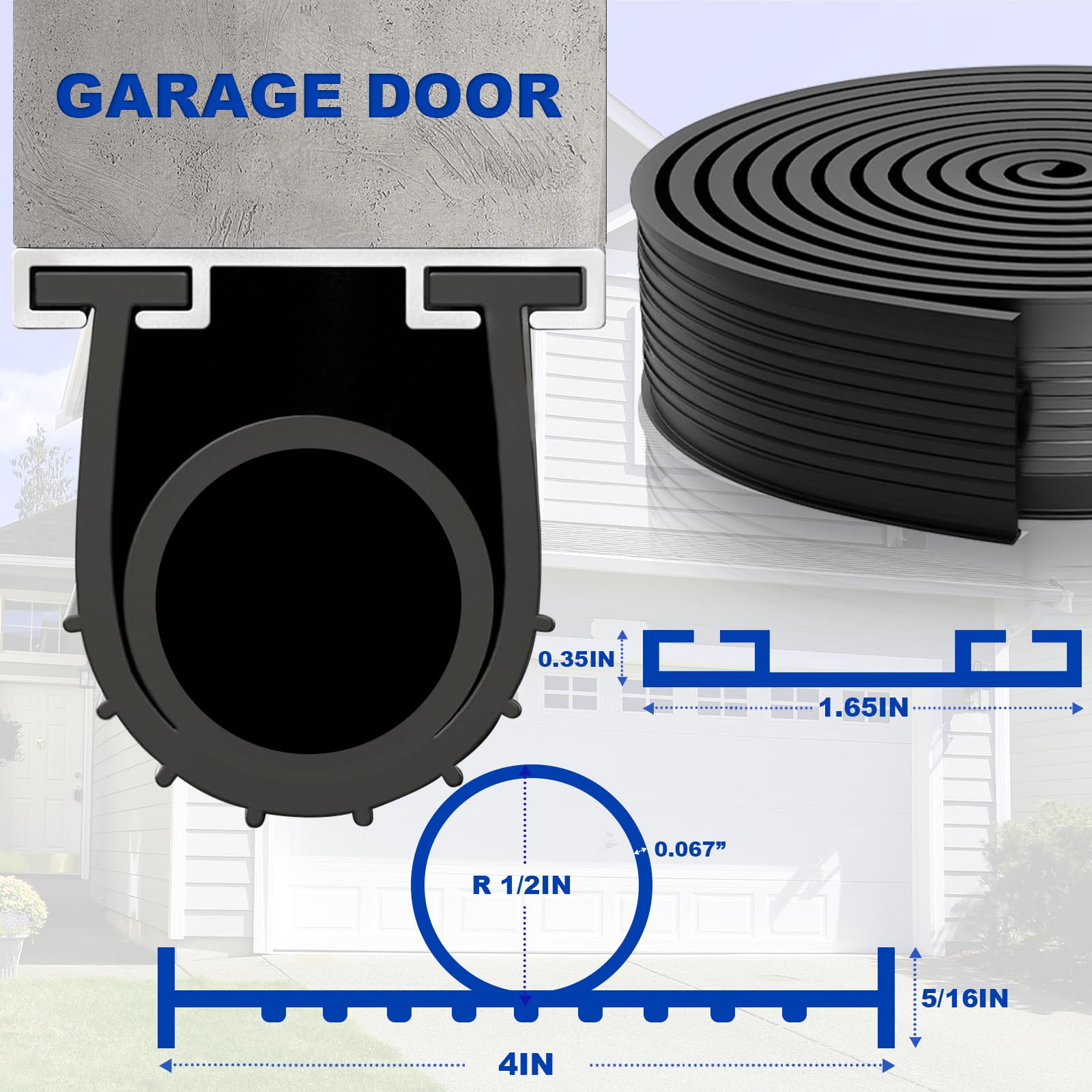 DGSL Garage Door Seals Bottom Rubber Weather Stripping Kit Seal Strip Replacement, Universal Weatherproof Threshold Buffering Sealing Rubber 5/16 Inch T Ends (16 Ft, Black)
