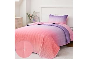 SUCHBED Twin Size Quilt Set for Girls Lightweight Bedspread Twin Quilt Bedding Set Twin XL Bed Spread Star Quilted Bedspread Coverlet Pink Bed Set with Sham 2 Pieces, Pink Purple Gradient