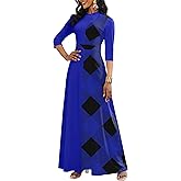 FANDEE Maxi Dresses for Women Semi Formal A-Line 3/4 Sleeve Mock Neck Elegant Dress Colorblock Church Cocktail Dress