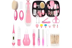 WXA Infant Grooming Essentials: Electric Safety Nail Trimmer, Nasal Aspirator, Hair Brush, Comb, Nail Clipper (27 Piece Safety Care Set for Newborns - Pink)