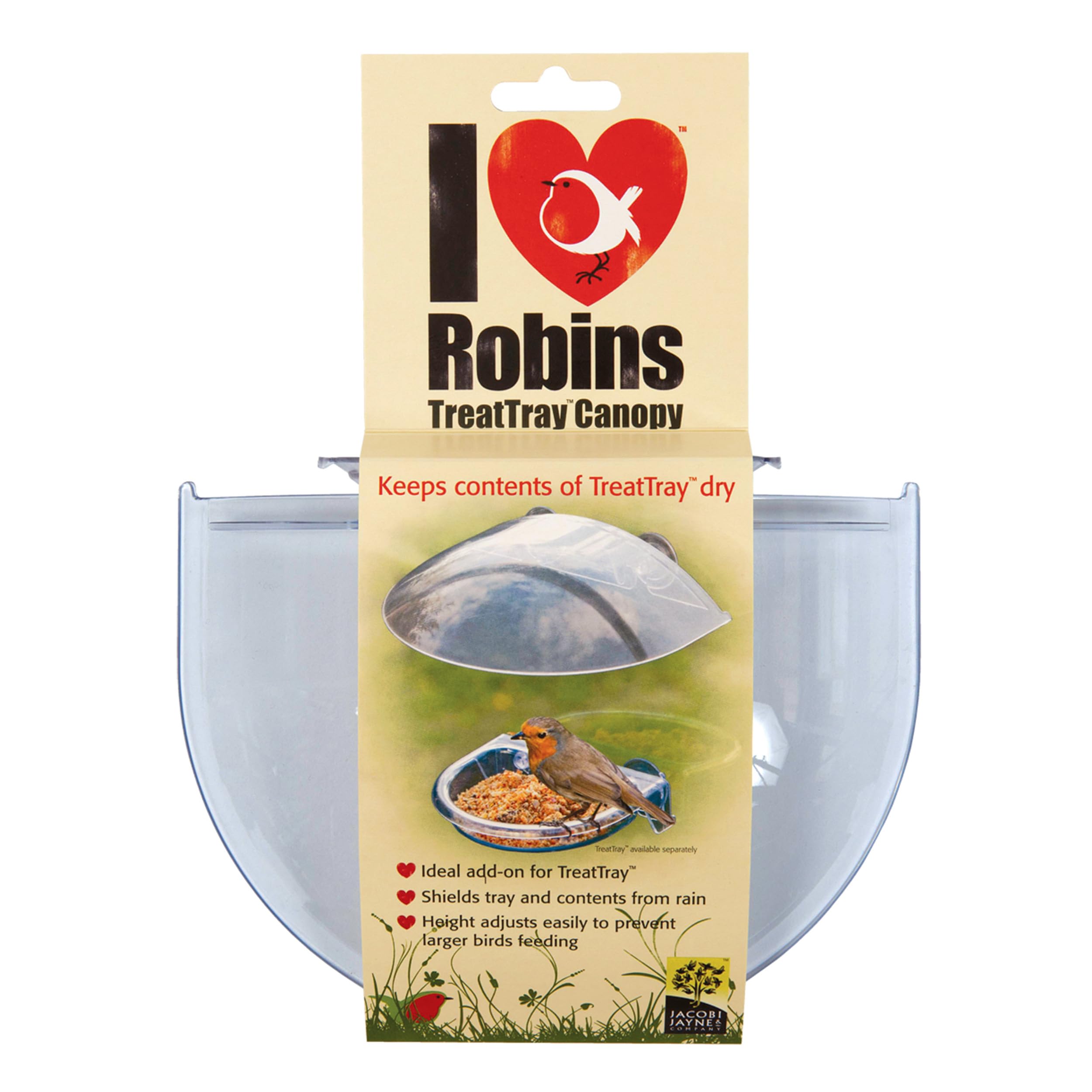 Anti-rain Cover to Keep your Bird Food Dry - Jacobi Jayne® I Love Robins™ TreatTray™ Canopy - Rain Proof Bird Feeder Protector - Plastic Rain Proof Guard with Strong Suckers to Fix onto Window