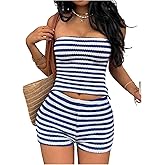 MakeMeChic Women's Summer 2 Piece Sets Striped Backless Strapless Tube Tops Mini Micro Shorts Set Beach Vacation Outfits