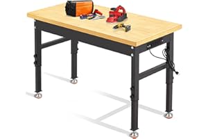 Antifir 48'' Adjustable Workbench,Heavy-Duty Workstation with Power Outlet,2000LBS Load Capacity Rubber Wood Top Worktable for Garage,Office, Workshop, Home, Easy Assembly, Black
