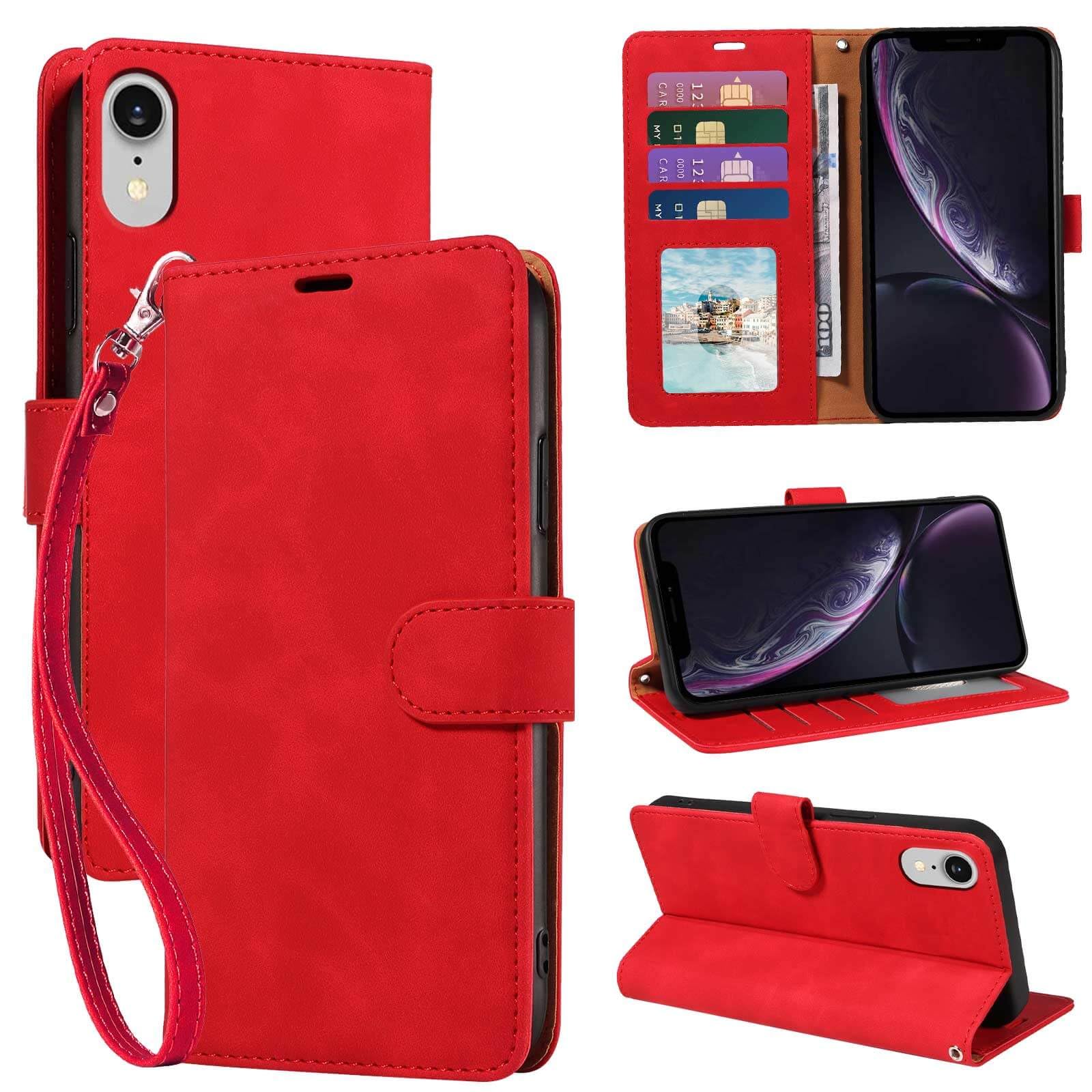 GOTOURED for iPhone XR Case Wallet, [RFID Blocking 4 Card Slots] [Wrist Strap] [Kickstand] [Magnetic Closure] Shockproof Protective Soft Leather for iPhone XR Flip Cases Cover 6.1 inch (Red)