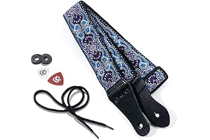 KLIQ MUSIC GEAR KLIQ Vintage Woven Guitar Strap for Acoustic and Electric Guitars + 2 Free Rubber Strap Locks, 2 Free Guitar Picks and 1 Free Lace | '60s Jacquard Weave Hootenanny Style | Paisley Blue/Violet