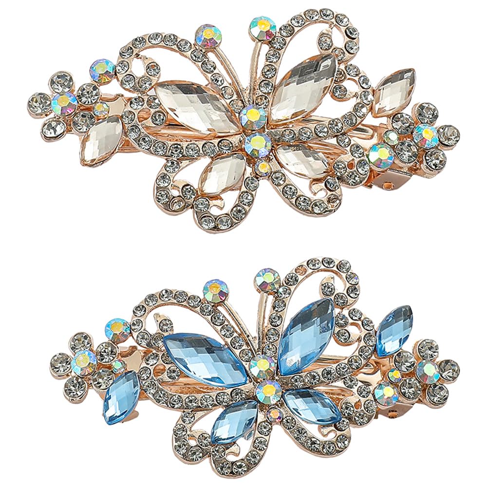 2 Pack Luxury Glitter Sparkly Jeweled Gems Crystal Rhinestone Butterfly Metal French Barrettes Rhinestone Hair Clips Pins Headpieces Hair Clip for Women Girls Rose Gold