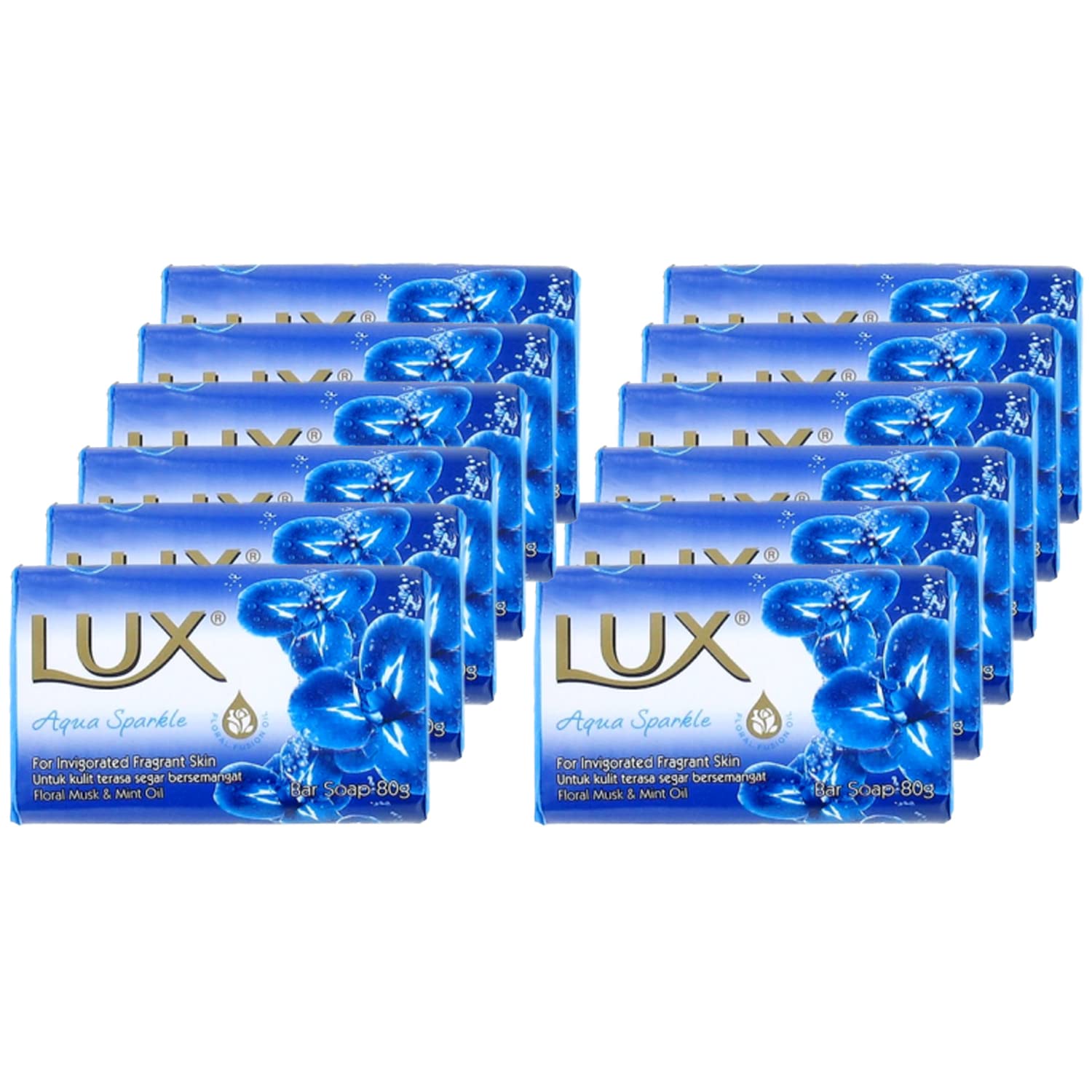 Lux Aqua Sparkle Soap Bar with Floral Musk and Mint Oil, 80g x 12
