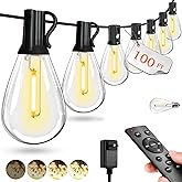 REEMEER 100FT Outdoor String Lights with Remote S11 LED Patio with 36 Plastic Bulbs(1 Spare),Waterproof Connectable Hanging L