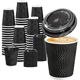 BYSNOW 100 Pack 10 oz Coffee Cups with Lids Disposable To Go Paper Cups | Insulated Hot Cups To Go Paper Coffee Cups, Black Corrugated Ripple Wall Cup for Hot Drink, Office, Coffee Bar