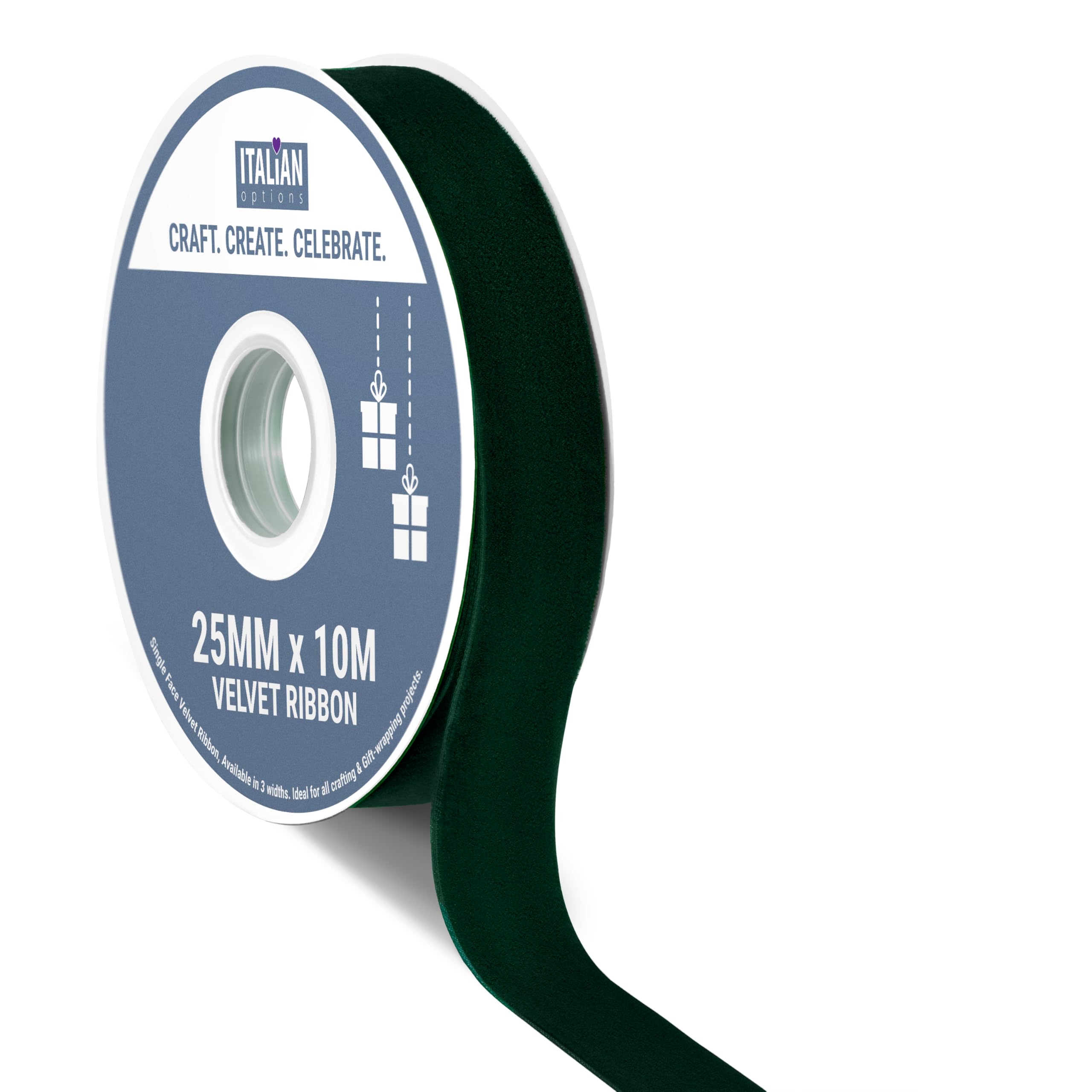 Italian Options Velvet Ribbon, Luxury, Single-Face Velvet Ribbon for Crafting, Christmas, Bows, Hair, Cakes, Weddings, Ornaments, Gift Wrapping, Flowers, 25mm x 10 Metre Roll, Bottle Green