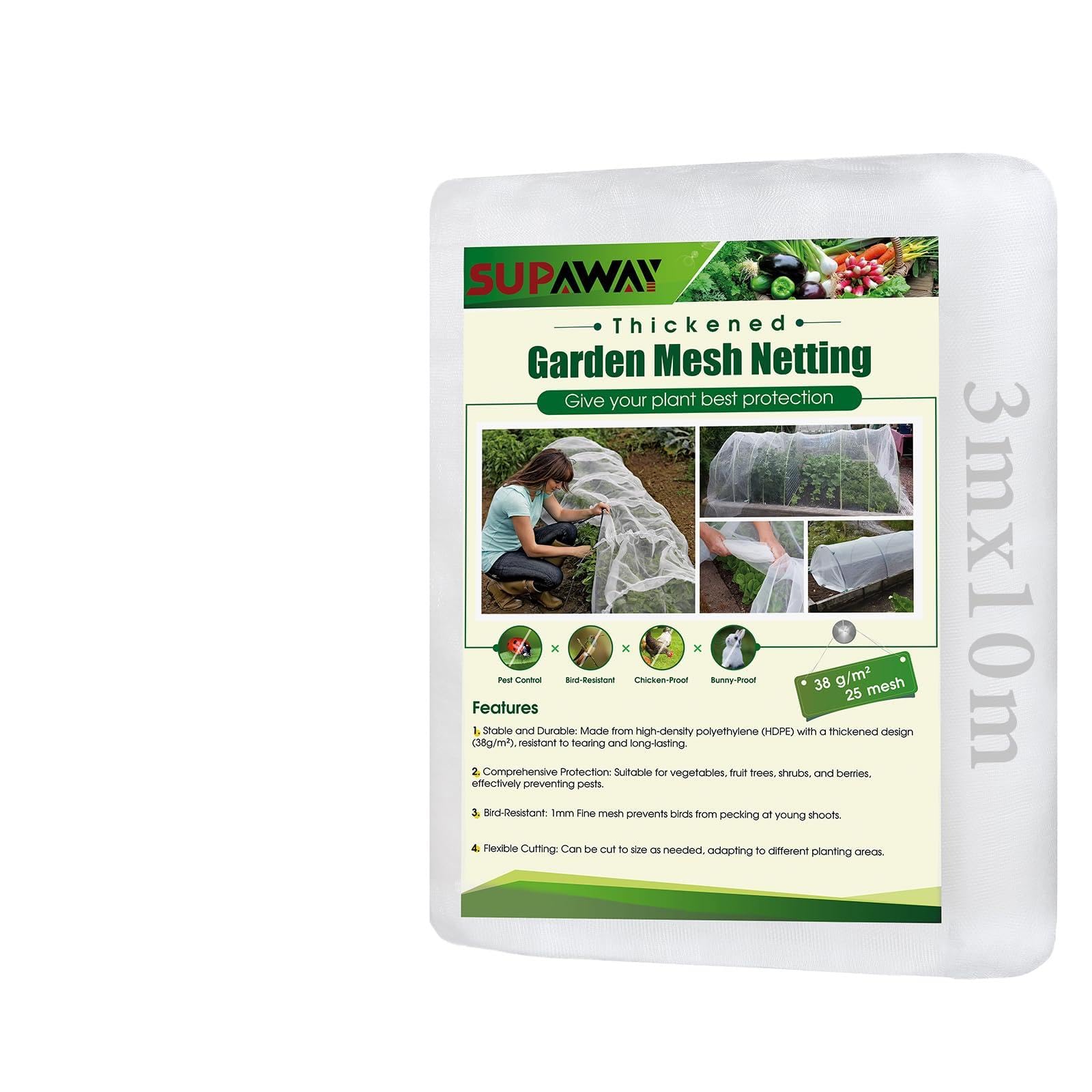 SUPAWAY Fine Mesh Plant Protection Net Thickening 3 x 10 m Insect Protection Net Vegetables with Mesh Size 1 mm Diameter for Plants Fruit Flowers Beetle Mosquito Fly for Effective Protection Pests