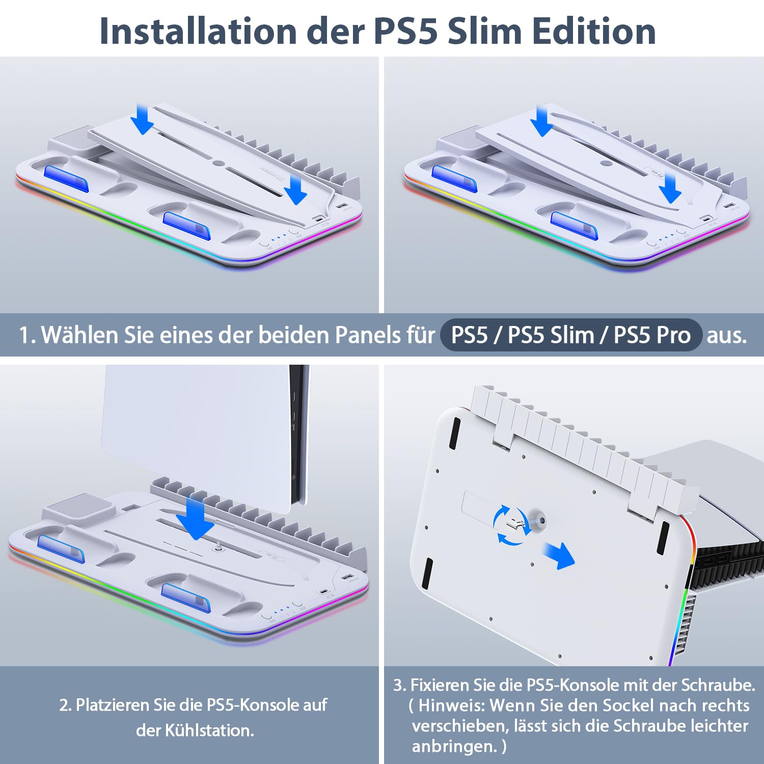 PS5 Stand Kühlständer für PS5/PS5 Slim/PS5 Pro, ps 5 ständer mit 3 Stufen Lüfter/RGB, Dual ps5 Controller Ladestation/Headset Halter/USB-Anschluss/15 Game-Slots, PS5-Zubehör,Weiß 5