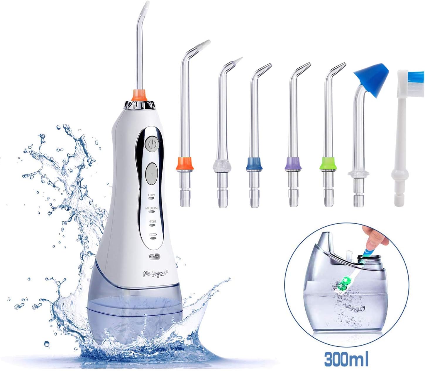 Cordless Water Flosser Teeth Cleaner - Miss Gorgeous Professional Dental Oral Irrigator with 300ml Water Tank Portable and Rechargeable IPX7 Waterproof 3 Mode USB Rechargable with 7 Jet Nozzles