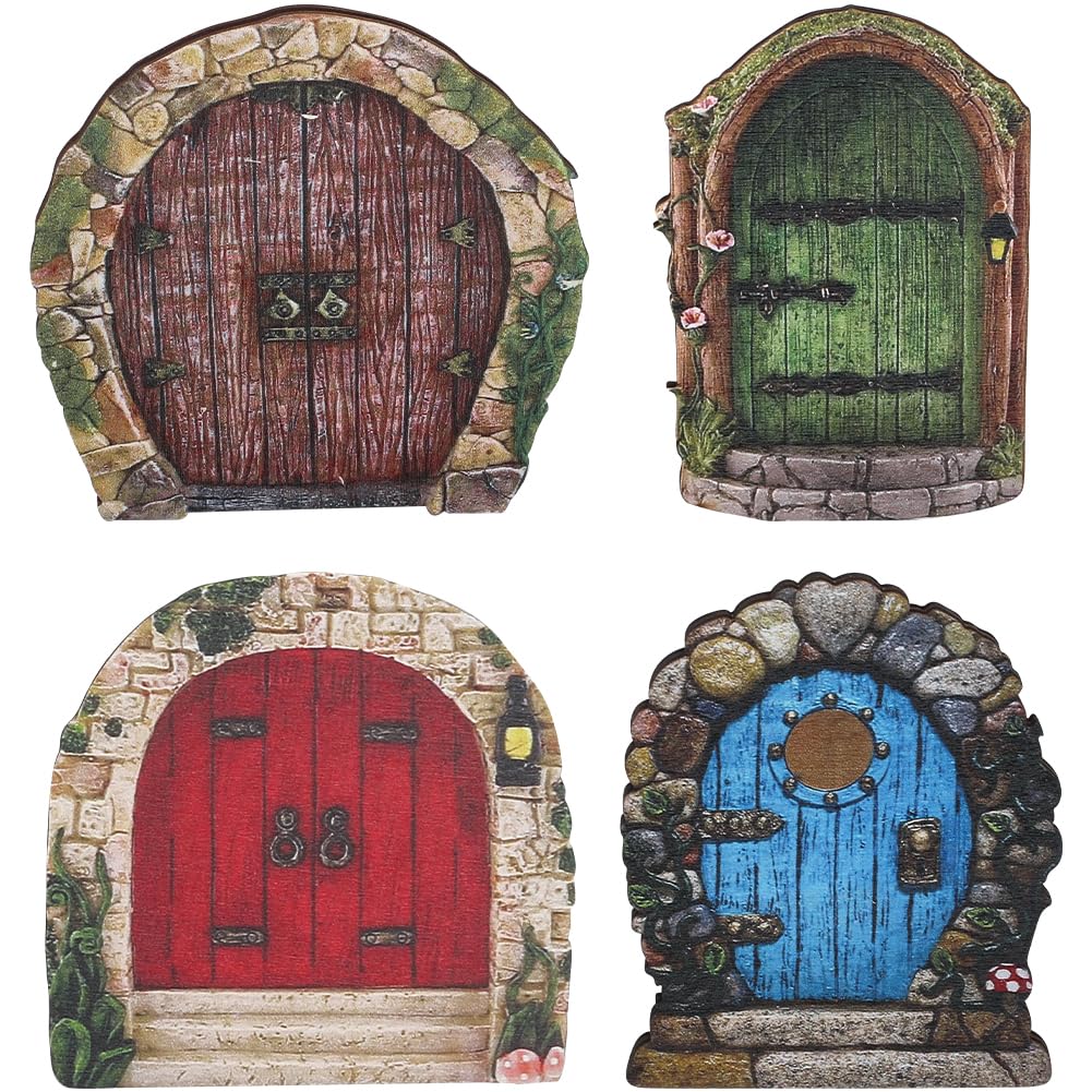GORGECRAFT 4PCS 4 Styles Mini Fairy Garden Door for Tree Miniature Wood Door Windows Wall Accessories DIY Kit Art Sculpture Outdoor Decor for Tree Trunk Bonsai Terrarium Micro Landscape Decoration