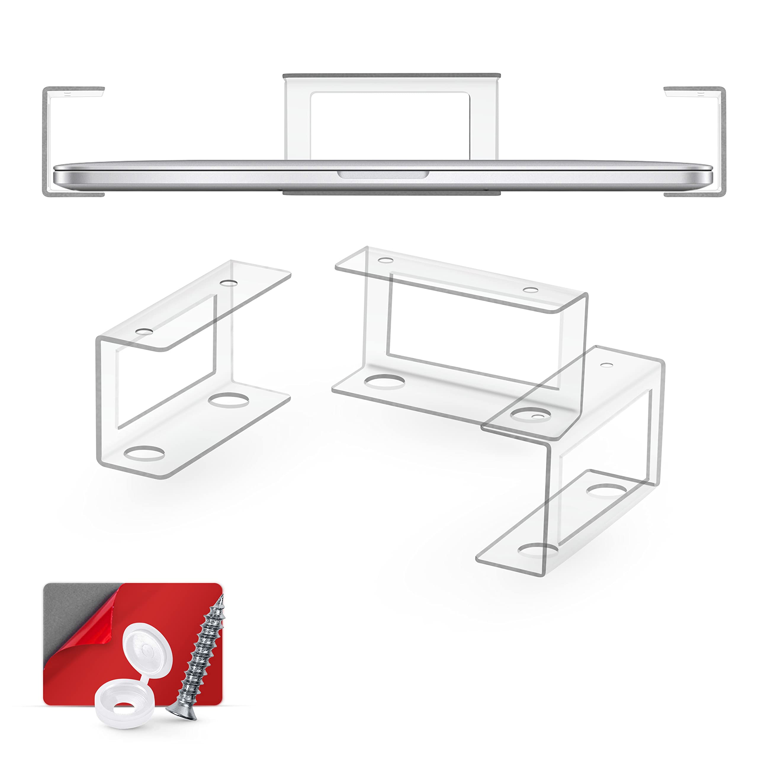 Photo 1 of BRAINWAVZ Transparent Under Desk Laptop Holder Mount with Adhesive & Screw in, Devices Upto 1.8" Thick for Laptops, Macbooks, Surface, Cable Box, Routers, Keyboard, Modems, Network Switch & More