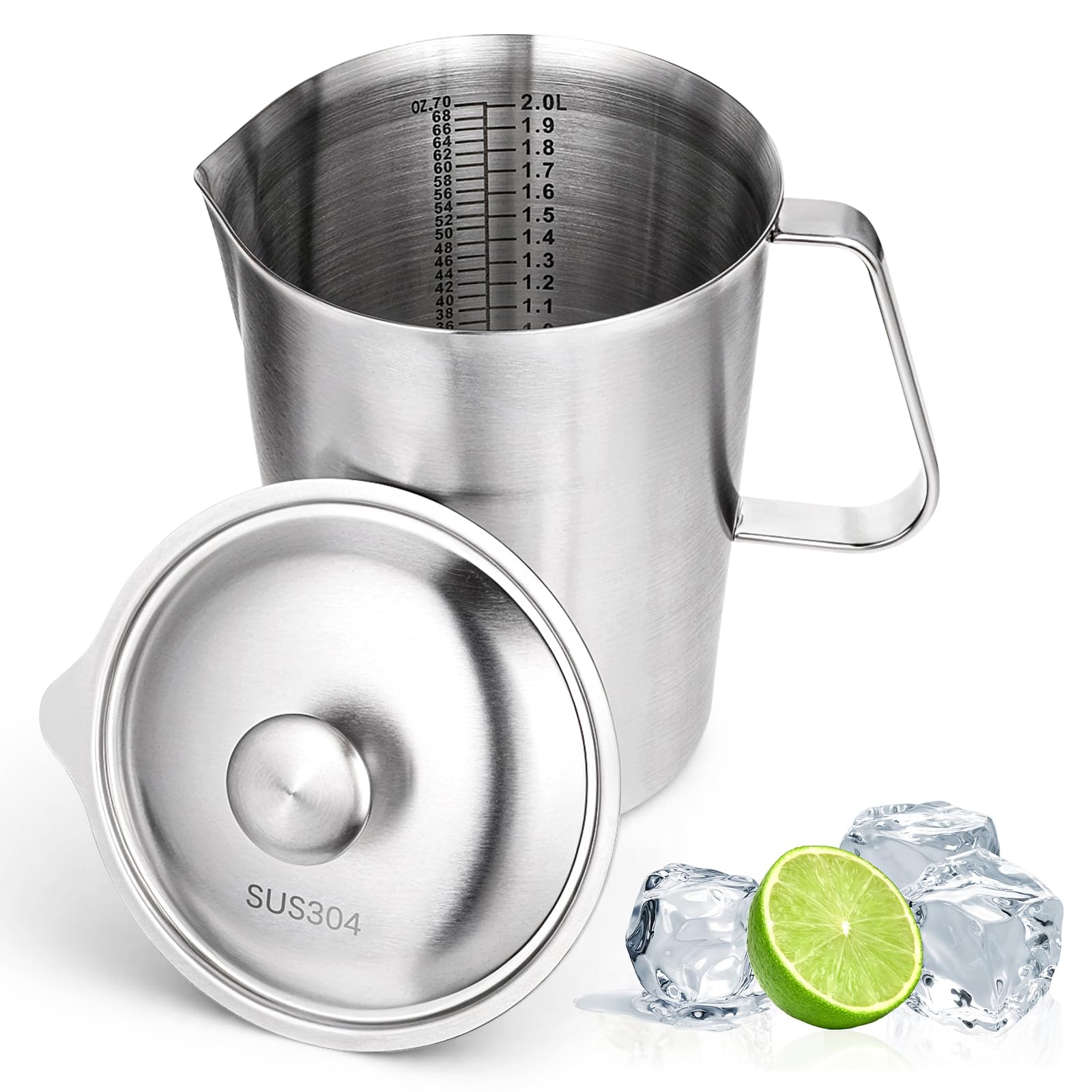 Photo 1 of ***(MINOR DAMAGE/ SEE NOTES)***Stainless Steel Pitcher with Lid 2 L 70 oz Measuring Cup with Marking Metal Water Container with Handle Milk Frothing Jug for Iced Tea Hot Cold Water