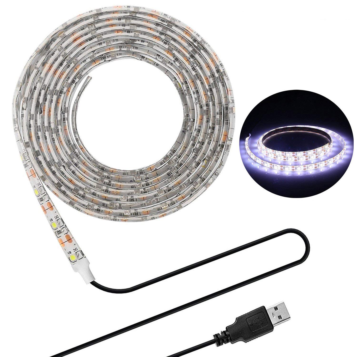 LED Strip Lights,USB TV Backlight 6.56ft/2m LED Lights for 40~60in HDTV,Waterproof SMD 3528 5V Daylight White Bias Lighting,Reduce Eye Strain, Improve Contrast.USB Bias Lighting for Home Theater