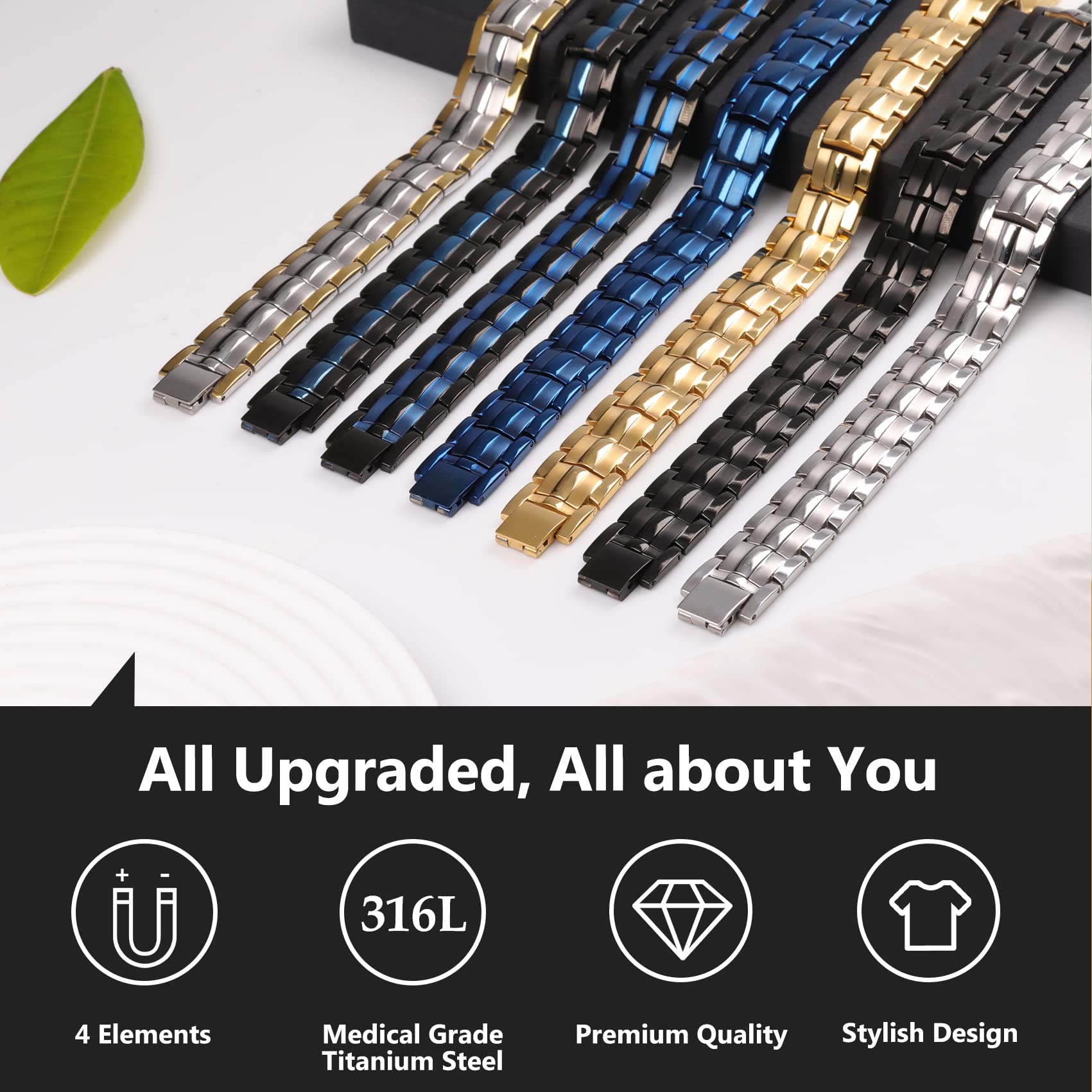 Feraco Magnetic Bracelets for Men, Titanium Steel Magnet Bracelet with Double Rows Effective 4 Elements Stones