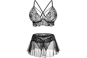 CRIPOM Sexy Lingerie for Women Naughty 3 Piece Lace Bralette, Mini Skirt with G-String Crotchless Lingerie Outfits