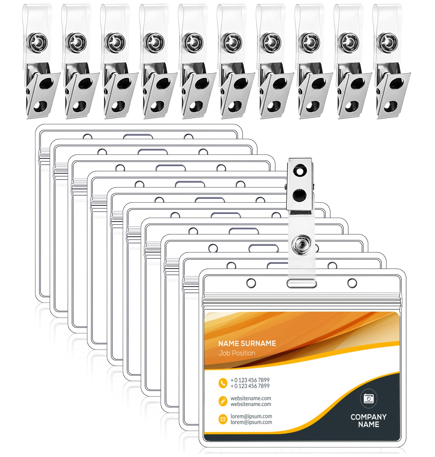 50Pcs Plastic Badge Holders and Metal Badge Clips - Clear PVC Straps, Double Hole, ID Card Holders — image 1