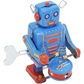 FOSA Wind Up Vintage Robot, Vintage Metal Tin Drumming Robot, Hand Made Bookshelf Figuirine Decor Gift for Children Adults