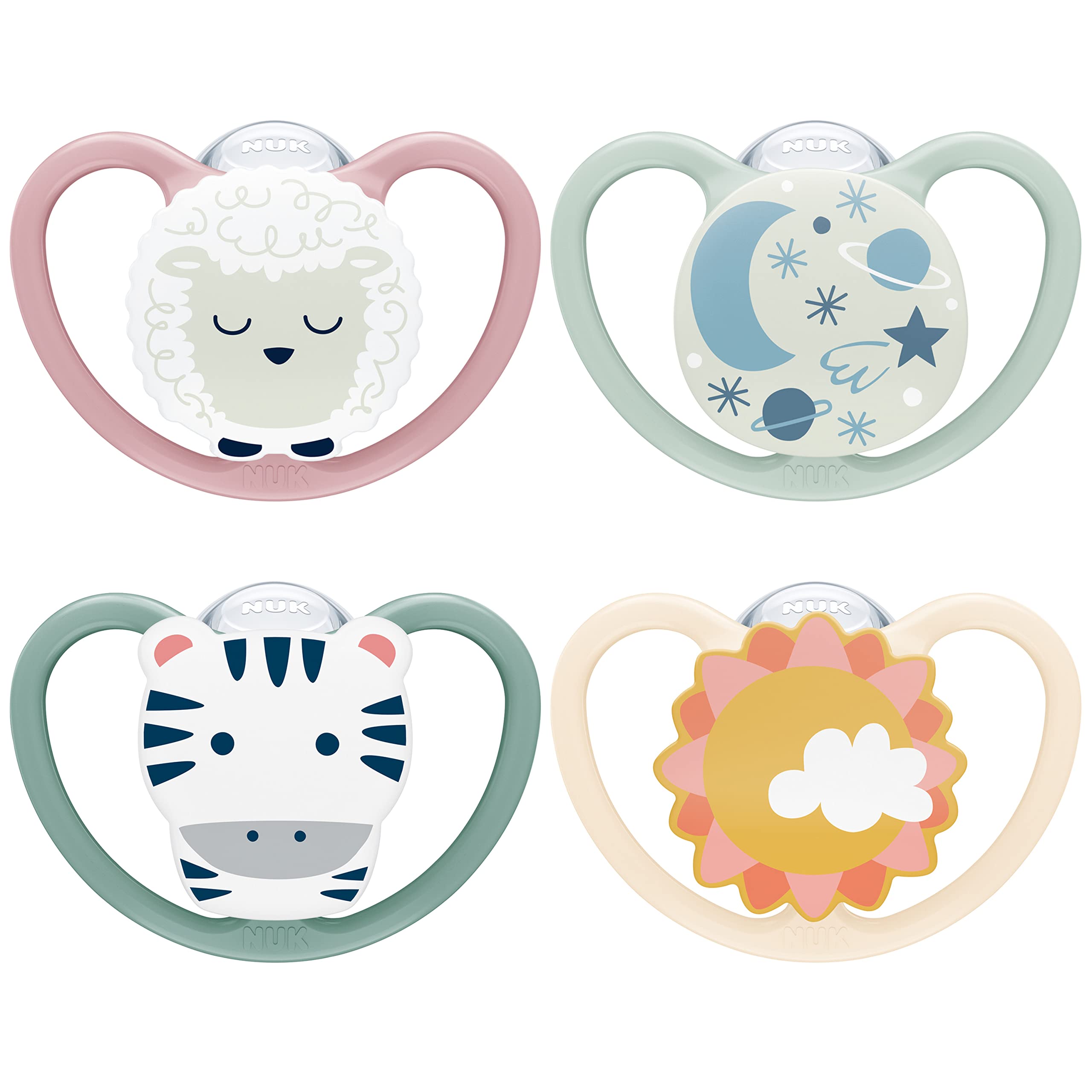 NUK Space Day & Night Baby Dummy | 6-18 Months | Glow-in-the-Dark Soothers with Extra Ventilation for Sensitive Skin | BPA-Free Silicone | Zebra & Sheep | 4 Count