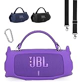 Silicone Cover Case for JBL Charge 6, Protective Cover with Detachable Shoulder Strap & Carabiner Clip, Flexible Soft Cases for JBL Charge 6 Portable Bluetooth Speaker Accessories (Purple Case Only)