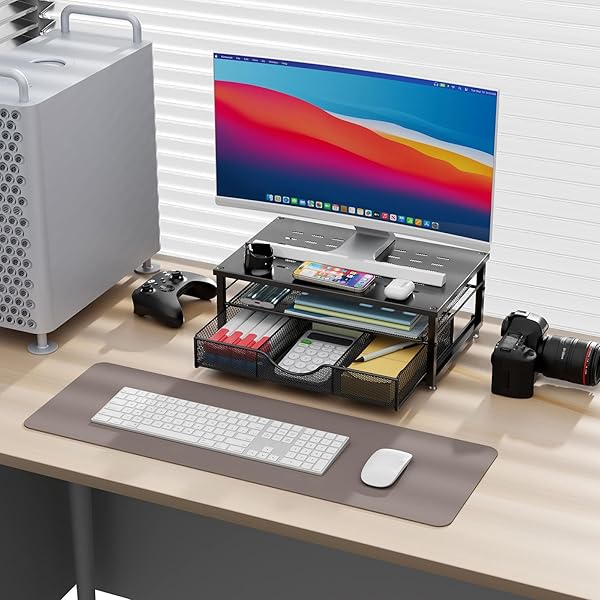 GIANOTTER COMPUTER MONITOR STAND RISER, DESK ORGANIZERS AND ACCESSORIES WITH DRAWER, OFFICE DESK ACCESSORIES & WORKSPACE DESKTOP ORGANIZERS STORAGE FOR PRINTER STAND (BLACK)