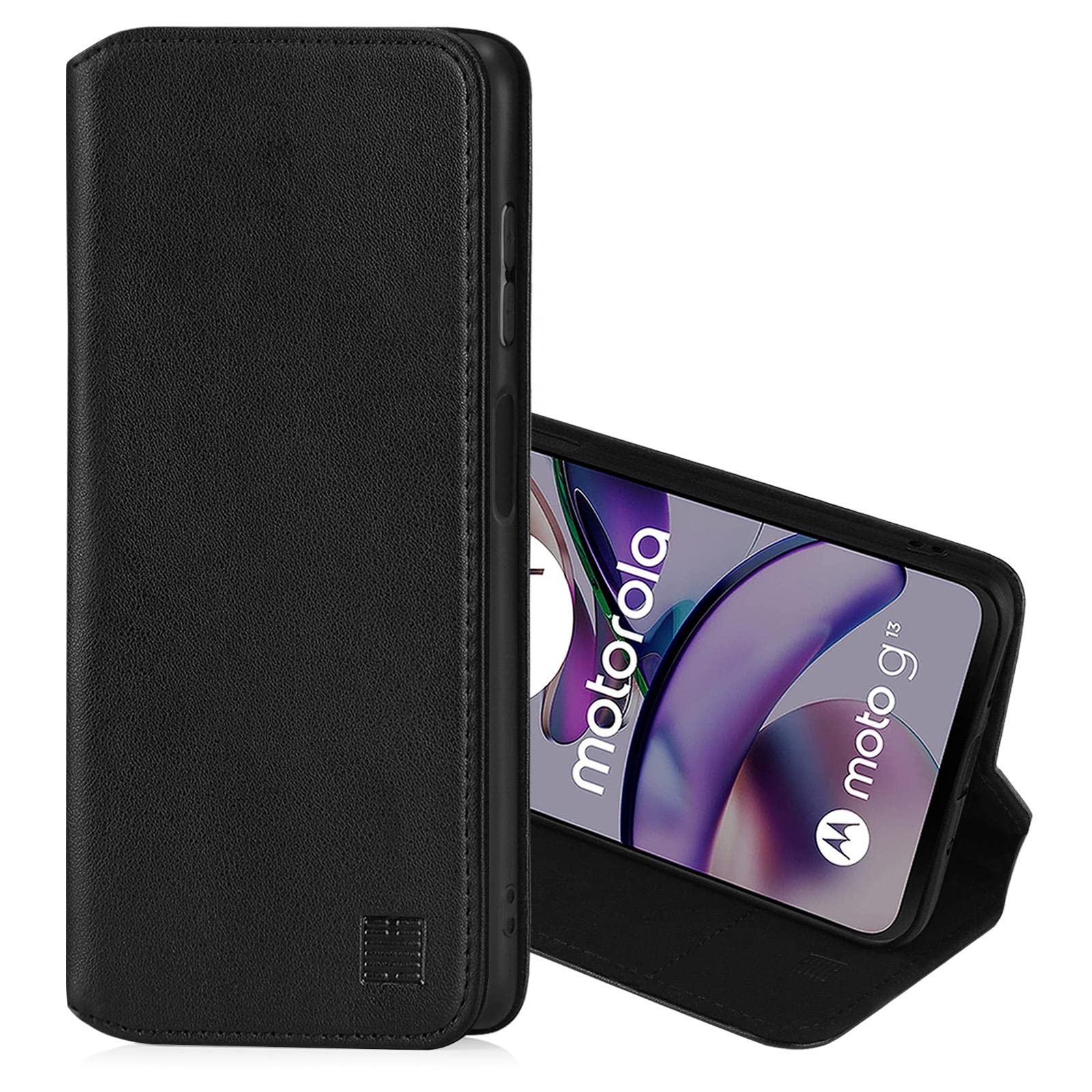 32nd Classic Series 2.0 - Real Leather Book Wallet Flip Case Cover For Motorola Moto G13 & G23, With RFID Blocking Card Slot, Magnetic Closure and Built In Stand - Black