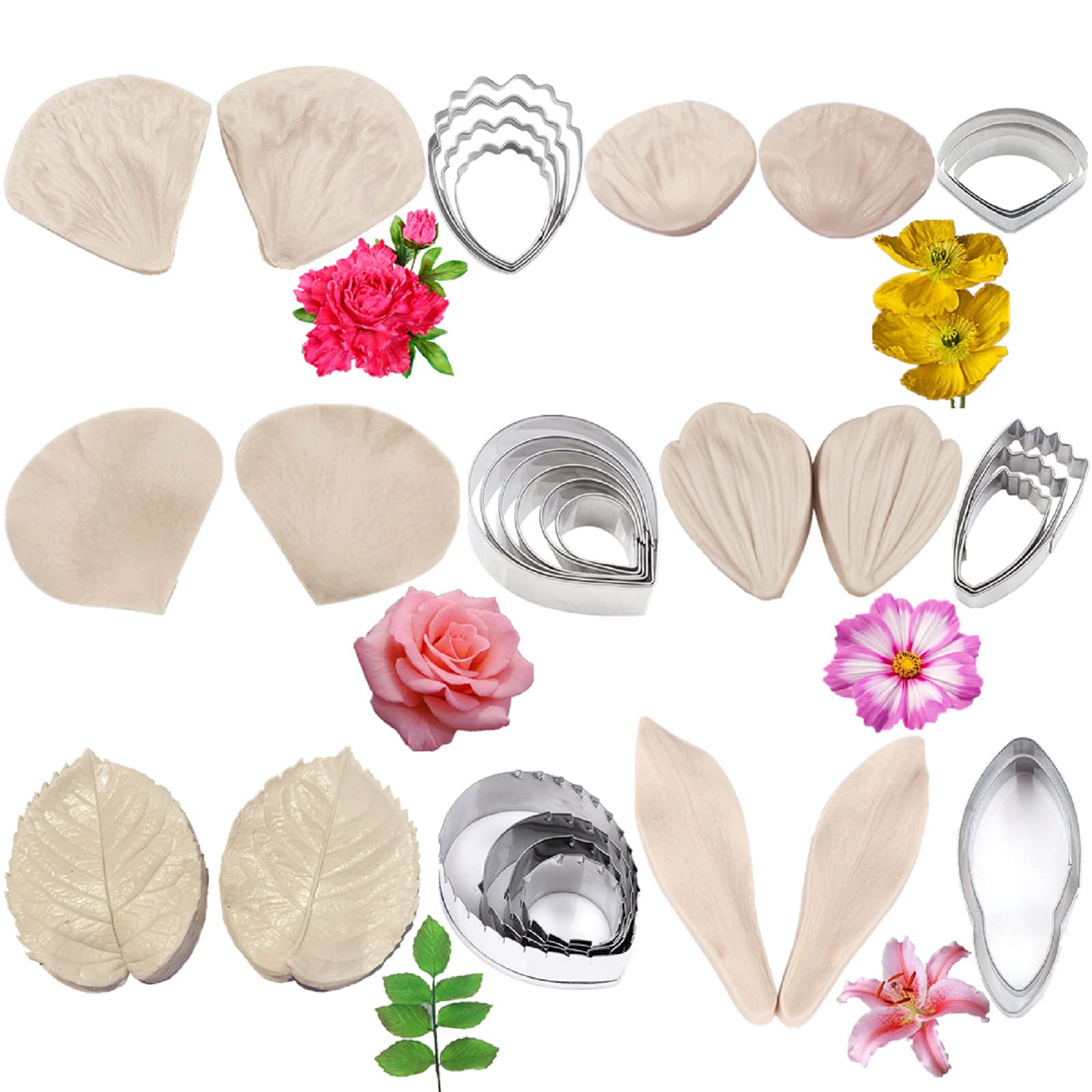 12set Gum Paste Flower Tools - 6set Flower Silicone Veining Mold and 6set Stainless Steel Fondant Cutter Sugarcraft Making Tools for Wedding,Birthday Cake Decorating