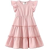 Fdqin Girls Summer Dresses Tiered Crinkle Flowy Ruffle Sleeve A-Line Swing Backless Bow Lace-up Dress Size 4-12 Years