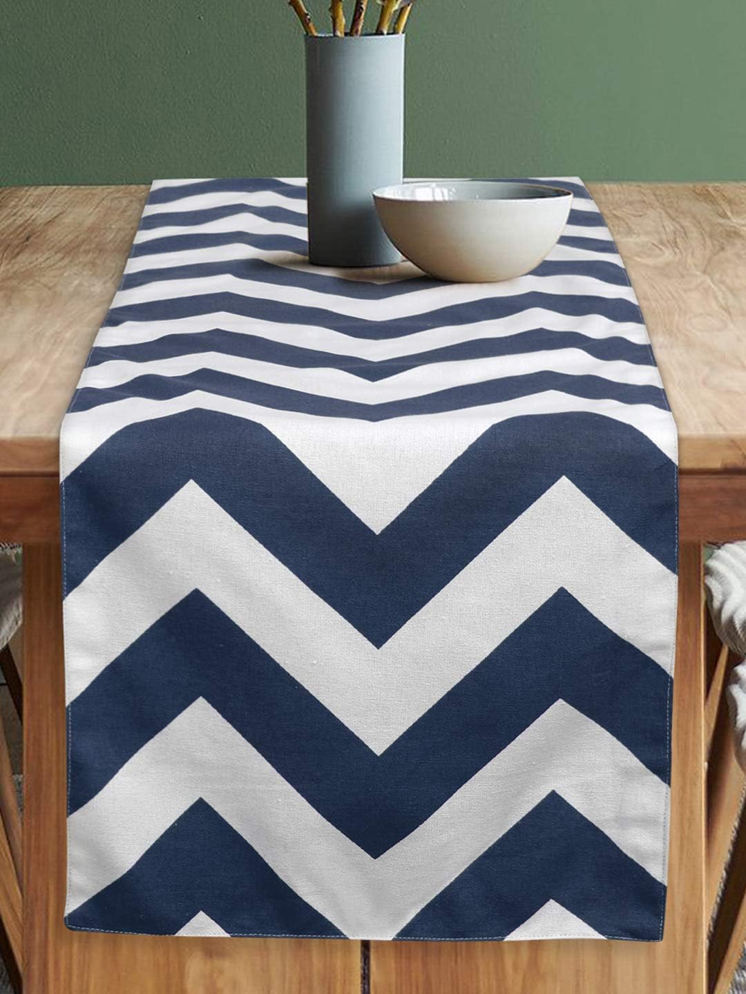 Dekor World 1 Piece Cotton Chevron Printed Table Runner (Navy Blue, 4 Seater Table Runner- 33x120cm or 13x48 Inch)-for Dining & Center Table