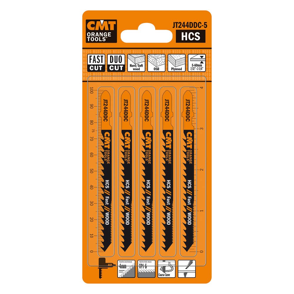 CMT ORANGE TOOLS JIG Saw Blades, JT244DDC-5, Coarse Curve Duo Cut, Carbon Steel, Wood & Engineered Wood, 5-Piece Pack